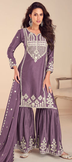 Bollywood Purple and Violet color Salwar Kameez in Silk fabric with Sharara, Straight Embroidered, Moti, Thread work : 1974829