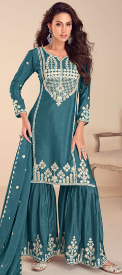 Bollywood Blue color Salwar Kameez in Silk fabric with Sharara, Straight Embroidered, Moti, Thread work : 1974830