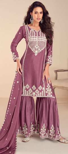 Bollywood Pink and Majenta color Salwar Kameez in Silk fabric with Sharara, Straight Embroidered, Moti, Thread work : 1974831