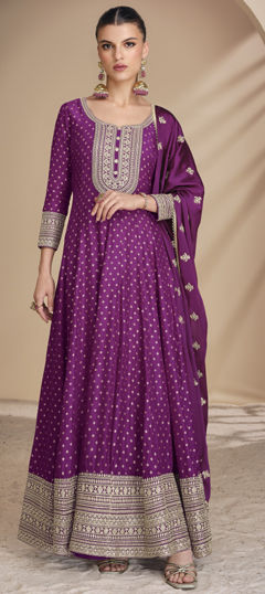 Engagement, Reception, Wedding Purple and Violet color Gown in Viscose fabric with Embroidered, Thread work : 1974832