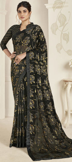 Festive, Party Wear, Traditional Black and Grey color Saree in Organza Silk fabric with Classic Floral, Printed work : 1974835