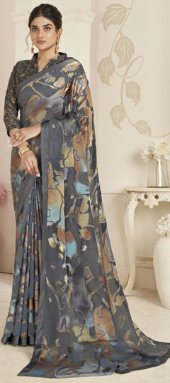 Black and Grey color Saree in Organza Silk fabric with Floral, Printed work