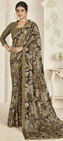 Festive, Party Wear, Traditional Beige and Brown color Saree in Organza Silk fabric with Classic Floral, Printed work : 1974838