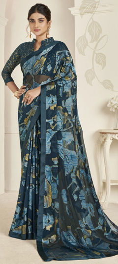 Festive, Party Wear, Traditional Blue color Saree in Organza Silk fabric with Classic Printed work : 1974839