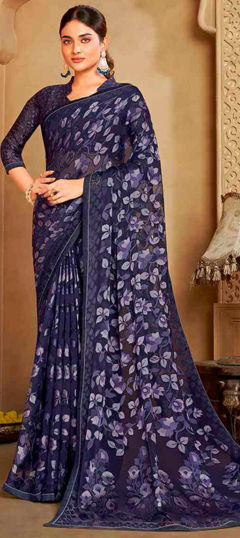 Festive, Party Wear, Reception Blue color Saree in Organza Silk fabric with Classic Floral, Printed work : 1974841