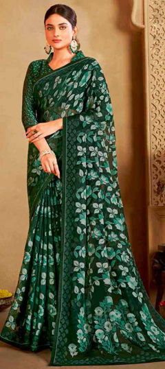 Festive, Party Wear, Reception Green color Saree in Organza Silk fabric with Classic Floral, Printed work : 1974844