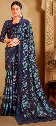 Festive, Party Wear, Reception Blue color Saree in Organza Silk fabric with Classic Floral, Printed work : 1974847