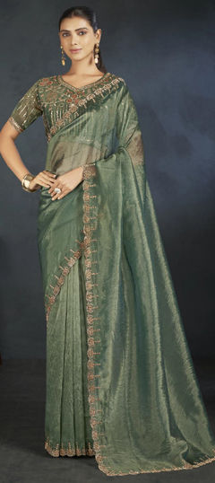 Festive, Traditional, Wedding Green color Saree in Organza Silk fabric with Classic Bugle Beads, Sequence, Thread work : 1974858