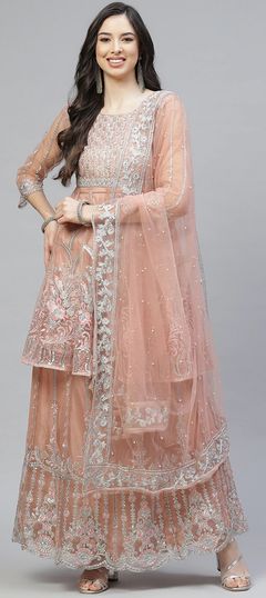 Pink and Majenta color Long Lehenga Choli in Net fabric with Embroidered, Resham, Sequence, Zari work