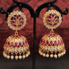 Gold Rodium Polish Pink and Majenta color Earrings in Metal Alloy studded with CZ Diamond, Pearl