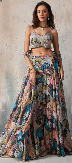 Multicolor color Ready to Wear Lehenga in Silk fabric with Bugle Beads, Printed work