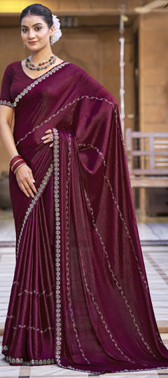 Red and Maroon color Saree in Shimmer fabric with Fancy Work work