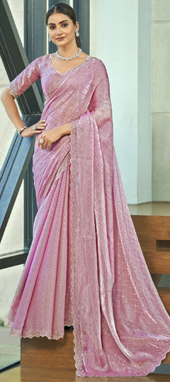 Festive, Party Wear, Traditional Pink and Majenta color Saree in Blended fabric with South Bugle Beads, Cut Dana, Lace work : 1974931