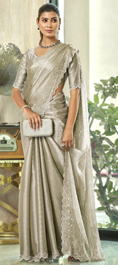 Festive, Party Wear, Traditional Silver color Saree in Blended fabric with South Bugle Beads, Cut Dana, Lace work : 1974932