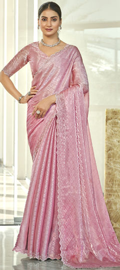 Festive, Party Wear, Traditional Pink and Majenta color Saree in Blended fabric with South Bugle Beads, Cut Dana, Lace work : 1974933