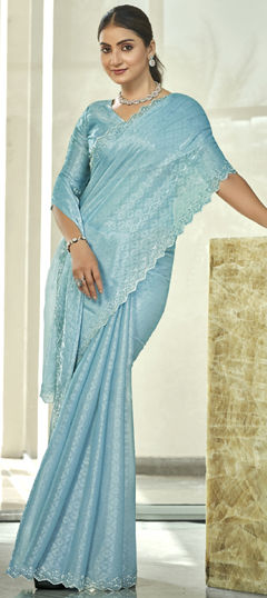 Festive, Party Wear, Traditional Blue color Saree in Blended fabric with South Bugle Beads, Cut Dana, Lace work : 1974934