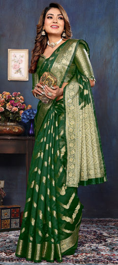 Party Wear, Traditional Green color Saree in Organza Silk fabric with Classic Weaving, Zari work : 1974935