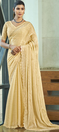 Beige and Brown color Saree in Blended fabric with Bugle Beads, Cut Dana, Lace work