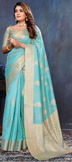 Party Wear, Traditional Blue color Saree in Organza Silk fabric with Classic Weaving, Zari work : 1974939