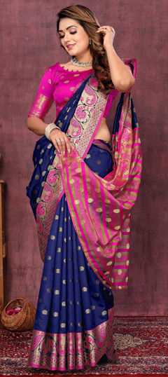 Party Wear, Traditional Blue color Saree in Art Silk fabric with South Weaving, Zari work : 1974942