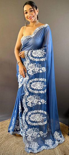 Festive, Reception, Traditional Blue color Saree in Organza Silk fabric with Classic Embroidered, Thread work : 1974953