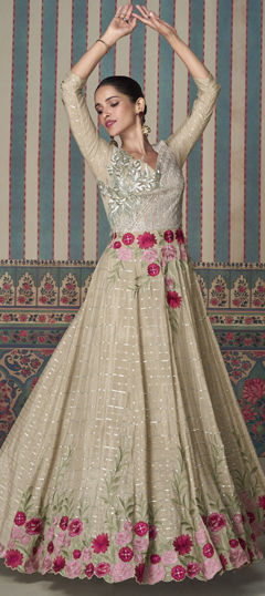 Reception, Wedding Beige and Brown color Gown in Silk fabric with Embroidered, Thread work : 1974956