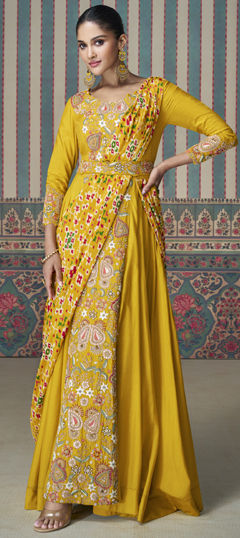 Reception, Wedding Yellow color Gown in Silk fabric with Embroidered, Thread work : 1974957