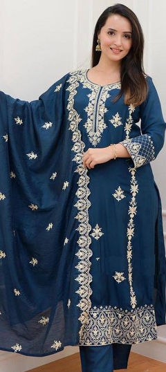 Festive, Party Wear Blue color Salwar Kameez in Rayon fabric with Straight Embroidered, Resham, Thread work : 1974960