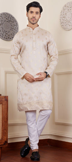 Beige and Brown color Kurta Pyjamas in Viscose fabric with Weaving work