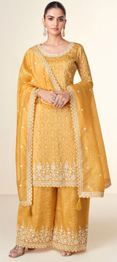 Yellow color Salwar Kameez in Tissue fabric with Embroidered, Sequence, Thread work