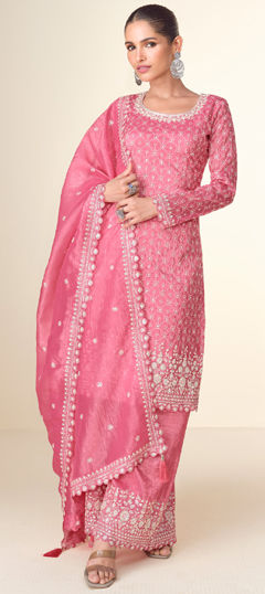 Pink and Majenta color Salwar Kameez in Tissue fabric with Embroidered, Sequence, Thread work
