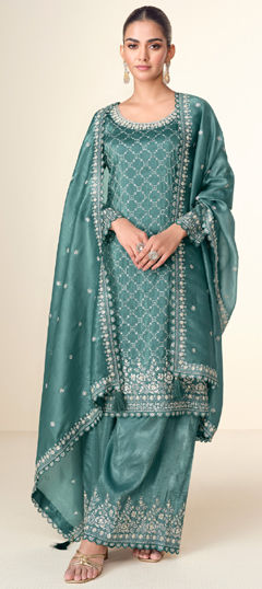 Blue color Salwar Kameez in Tissue fabric with Embroidered, Sequence, Thread work