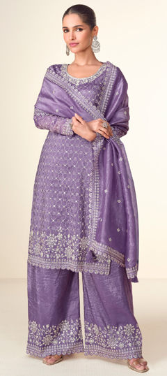Purple and Violet color Salwar Kameez in Tissue fabric with Embroidered, Sequence, Thread work