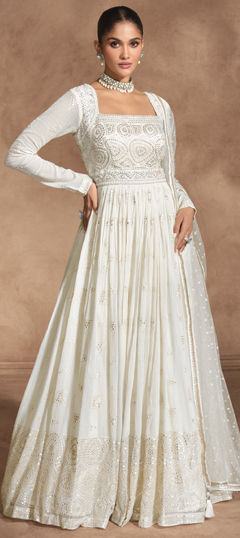 Festive, Reception, Wedding White and Off White color Gown in Georgette fabric with Embroidered, Sequence, Thread work : 1975048