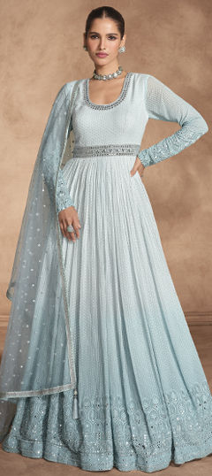 Festive, Reception, Wedding Blue color Gown in Georgette fabric with Bugle Beads, Embroidered, Mirror, Thread work : 1975051