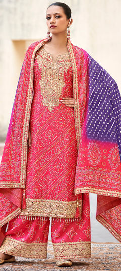 Pink and Majenta color Salwar Kameez in Silk fabric with Bandhej, Embroidered, Mirror, Printed work