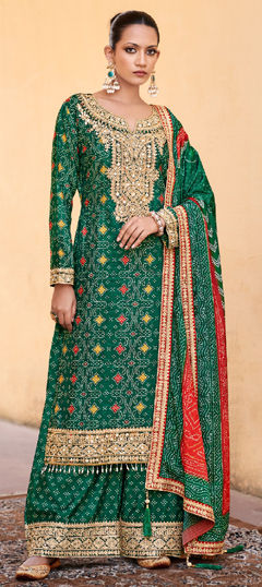 Green color Salwar Kameez in Silk fabric with Bandhej, Embroidered, Mirror, Printed work