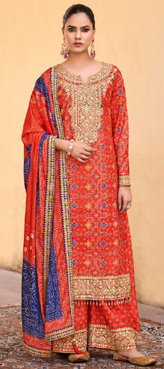 Red and Maroon color Salwar Kameez in Silk fabric with Bandhej, Embroidered, Mirror, Printed work