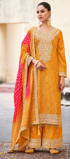 Yellow color Salwar Kameez in Silk fabric with Bandhej, Embroidered, Mirror, Printed work