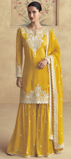 Festive, Party Wear, Wedding Yellow color Salwar Kameez in Silk fabric with Sharara, Straight Embroidered, Sequence, Thread work : 1975061