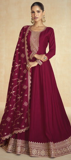 Red and Maroon color Gown in Silk fabric with Embroidered, Thread work