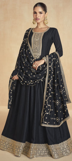 Black and Grey color Gown in Silk fabric with Embroidered, Thread work