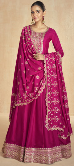 Festive, Wedding Pink and Majenta color Gown in Silk fabric with Embroidered, Thread work : 1975071