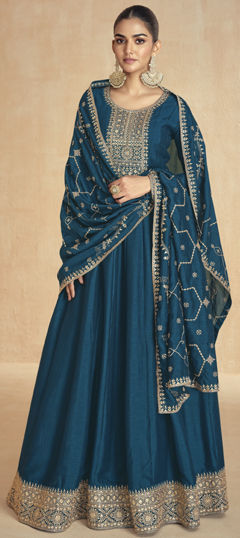 Festive, Wedding Blue color Gown in Silk fabric with Embroidered, Thread work : 1975072