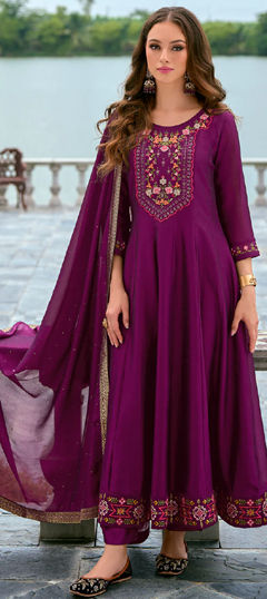 Festive, Party Wear, Wedding Purple and Violet color Salwar Kameez in Silk fabric with Anarkali Embroidered, Resham, Thread work : 1975075