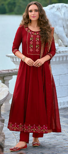 Festive, Party Wear, Wedding Red and Maroon color Salwar Kameez in Silk fabric with Anarkali Embroidered, Resham, Thread work : 1975080