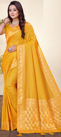 Yellow color Saree in Art Silk, Silk fabric with Weaving work