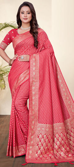 Pink and Majenta color Saree in Art Silk, Silk fabric with Weaving work