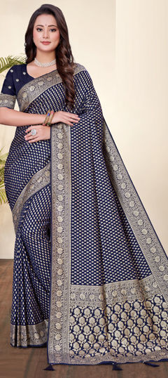 Blue color Saree in Art Silk, Silk fabric with Weaving work