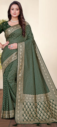 Green color Saree in Art Silk, Silk fabric with Weaving work